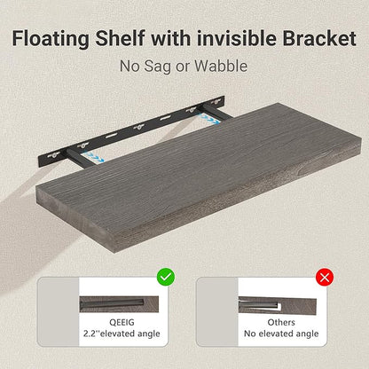 Vivelove Elm Wood Floating Shelves, Wooden Shelves for Wall with Invisible Bracket for Living Room Bedroom Bathroom Office Book, Rustic Farmhouse Decor Storage & Display, 55 Inch Set of 1- Grey