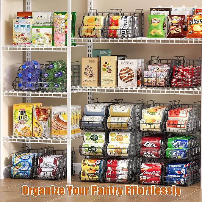 Sonyabecca 4-Pack Stackable Canned Food Organizer with Handles, Soda Can Organizer for Kitchen Pantry Shelves, Foldable Wire Cabinet Shelf for Can Storage, Patent Pending, Black