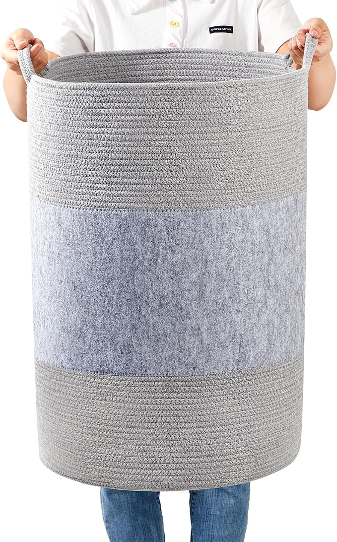 90L Jumbo Laundry Hamper,17" x 17" x 24" Extra Large Woven Laundry Basket for Blanket Storage, Tall Baby Nursery Hamper for Toys in Bedroom,Living Room Grey