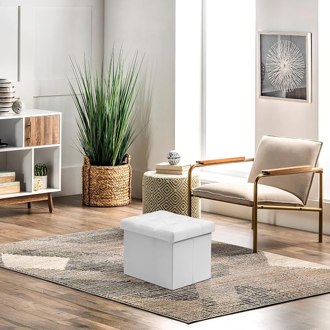 AmasSmile 2PC Storage Ottoman Foot Rest Stool, 17 inch Velvet Footstool Bench, Short Ottomans Stool, Small Folding Storage Ottoman Store Books, Records, White