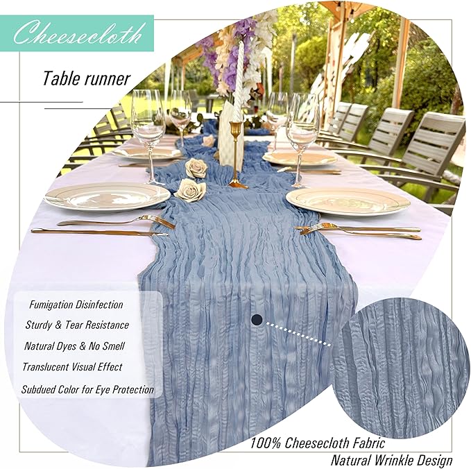 8 Pack Dusty Blue Cheesecloth Table Runner 22 x 108 inch Gauze Cheese Cloth Table Runner Bulk for Rustic Wedding Baby Shower Birthday Party Boho Table Decor