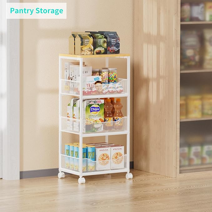 HapiRm Fruit Basket Kitchen Cart - 4-Tier Rolling Storage Cart with Wheels, Wood Top Utility Pantry Cart for Vegetables, Potatoes, Onions, Bread, Snacks