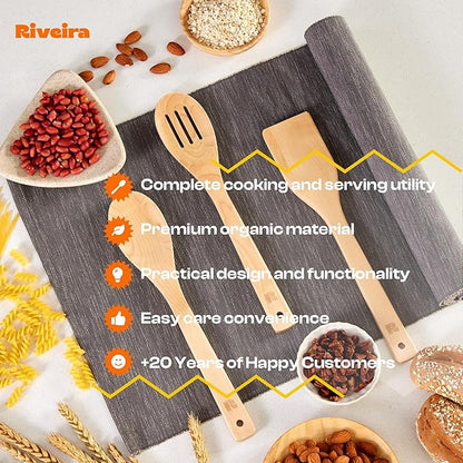 Riveira Maple Wooden Spoons for Cooking Set of 3 – Natural Maple Wooden Cooking Utensils, Wooden Spatula, Wooden Spoon - Premium Quality Utensil Set for Non-Toxic Cooking