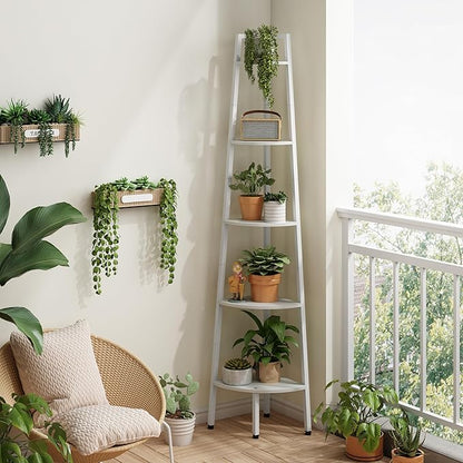 Hoctieon Corner Shelf, 5-Tier Corner Bookshelf, Rustic Ladder Shelf, Industrial Display Stand for Living Room, Kitchen, Home Office, Balcony, Small Space, Metal Frame, White