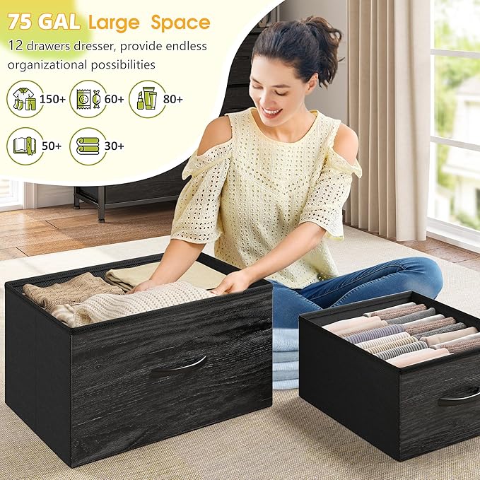 EnHomee Dresser with 12 Drawers & LED Lights, Dresser for Bedroom with 4 Open Storage Shelves, Fabric Dressers & Chests of Drawers, Metal Frame, Wood Top,45.2" H x 35.4" W x 11.8" D, Black