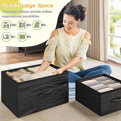 EnHomee Dresser with 12 Drawers & LED Lights, Dresser for Bedroom with 4 Open Storage Shelves, Fabric Dressers & Chests of Drawers, Metal Frame, Wood Top,45.2" H x 35.4" W x 11.8" D, Black