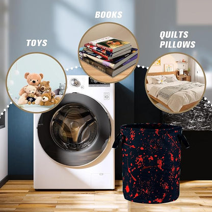 Blood Splattered Laundry Basket Blood Pattern Foldable Oxford Cloth Funny Tote Bag Laundry Hamper Clothes Storage Bucket Organizer For Bathroom/Laundry Storage/Bedroom 18.9x16.5 Inch