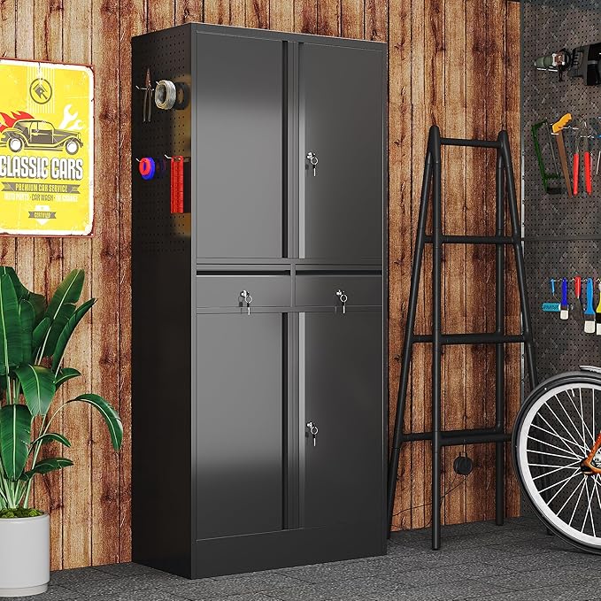 Aobabo 71" H×30" W×15" D Metal Storage Cabinet with 2 Drawers, Locking Steel Storage Cabinet with 2 Adjustable Shelves and 8 Hooks for Garage, Office, Black, Assembly Required