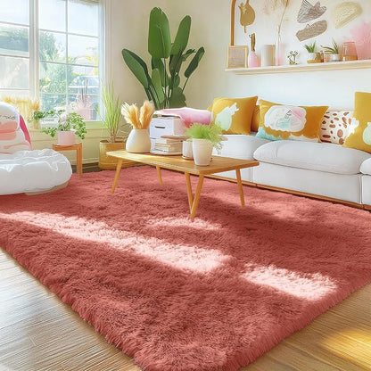OLANLY Area Rugs for Living Room Bedroom, Machine Washable 4x5.9 ft Soft Fluffy Shaggy Bedside Rug, Indoor Floor Carpet for Kids Girls and Boys, Dorms, Nursery Rooms, Home Decor Aesthetic, Rust Red