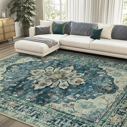 RELEANY Area Rugs 8'x10' Washable Non-Slip, Floral Vintage Distress Medallion Carpet for Living Room Bedroom Dining Room, Dark Blue Vintage