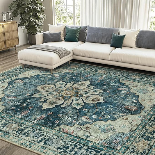 RELEANY Area Rugs 8'x10' Washable Non-Slip, Floral Vintage Distress Medallion Carpet for Living Room Bedroom Dining Room, Dark Blue Vintage