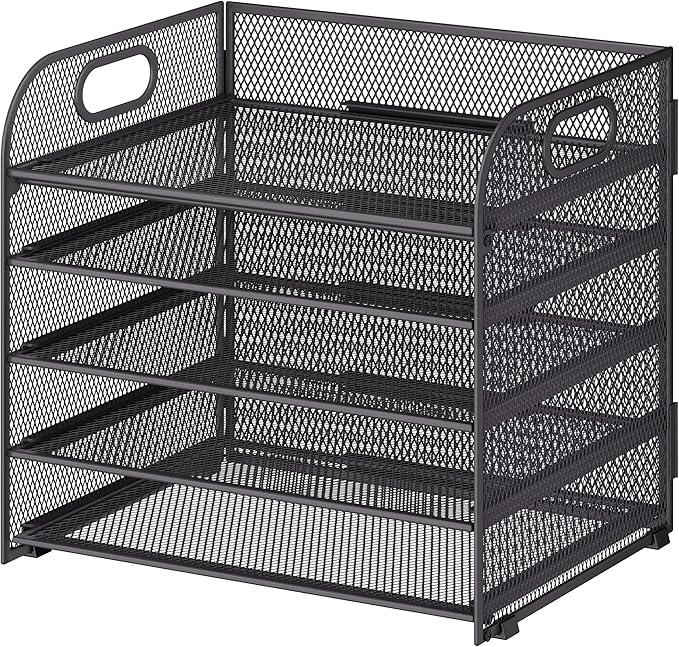 5 Tier Paper Organizer with Handle, Grey Metal Mesh Desk Organizer File Folder Paper Letter Tray Desktop Document Sorter for Classroom, School, Office Accessories Organization and Storage