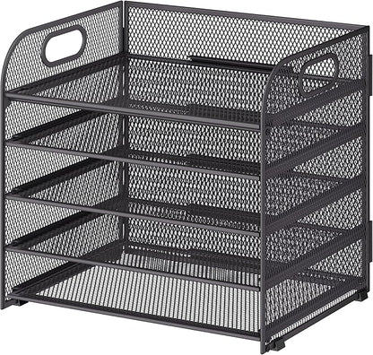 5 Tier Paper Organizer with Handle, Grey Metal Mesh Desk Organizer File Folder Paper Letter Tray Desktop Document Sorter for Classroom, School, Office Accessories Organization and Storage