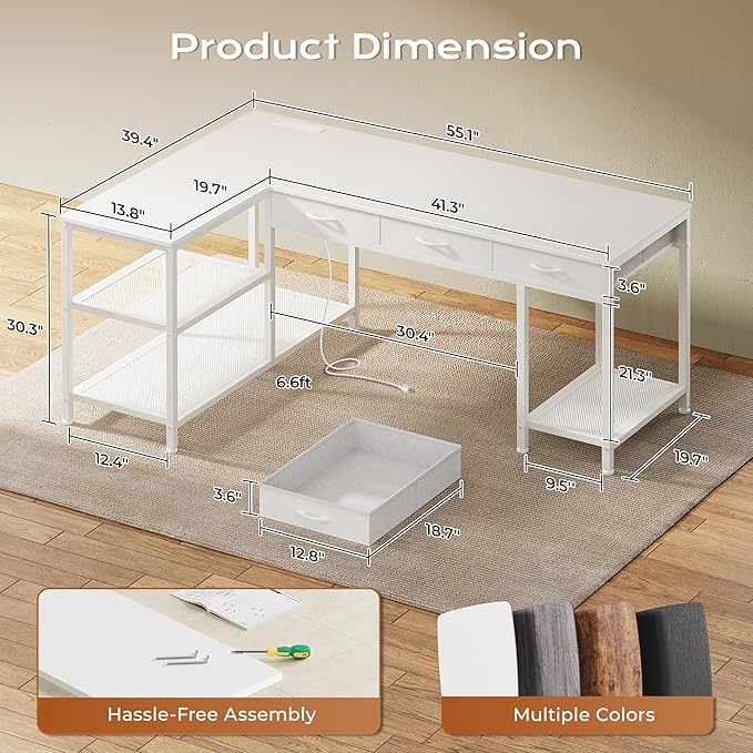 PRAISUN 55 Inch L Shaped Office Desk with Power Outlets and Type-C Port, Large Computer Gaming Desk with 3 Fabric Drawers, Mesh Shelves, Corner Study Work Writing Desk, White