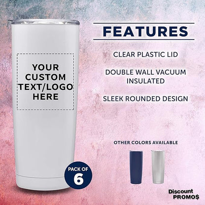 Custom Pipette Stainless Steel Coffee Tumblers 20 oz. Set of 6, Personalized Bulk Pack - Double Wall, Perfect for Coffee, Hot Cocoa, Other Hot & Cold Beverages - White
