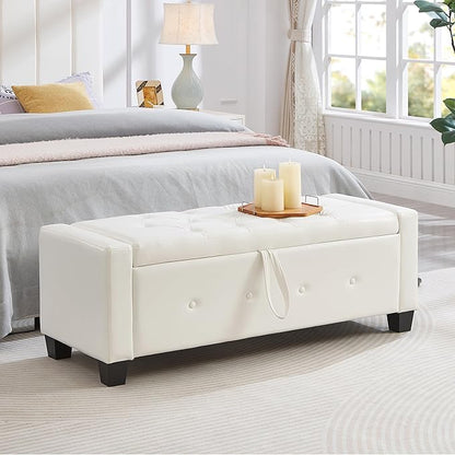 Furniliving Storage Bench, 48‘’ Upholstered PU Leather Ottoman Bench with Button-Tufted, Folding Bedroom Bench with Wood Legs, Entryway Bench for Bedroom, Cream White