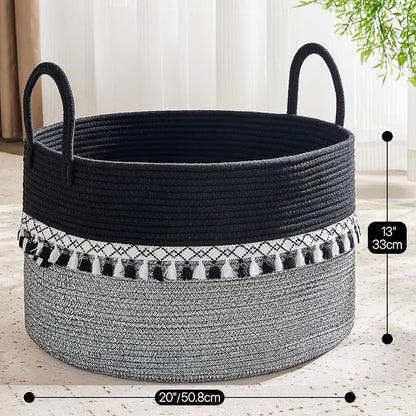 KAKAMAY Cotton Rope Storage Basket (20"x13"),Woven Hamper for Blankets,Toys,Pillows,Clothes,Laundry,Sturdy Handles Decorative Basket for Living Room, Bedroom,Nursery(Black Printing)