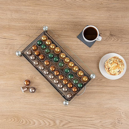 Restaurantware Restpresso 15.9 x 9.3 x 2.8 Inch Coffee Capsule Drawer 1 Heavy-Duty Pod Drawer - Holds 40 Nespresso Capsules Glass Top Iron Espresso Pod Organizer Mesh Tray Pods Not Included