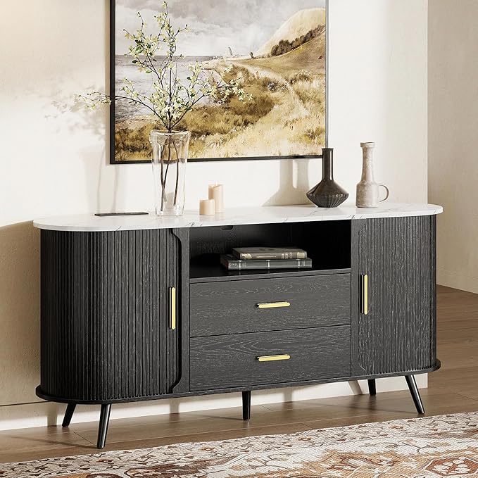 60" Sideboard Buffet Cabinet with Storage, Sliding Door & Adjustable Shelf, Modern Credenza with 2 Drawer, Accent Sideboard Coffee Bar Console Table for Kitchen, Entryway and Living Room