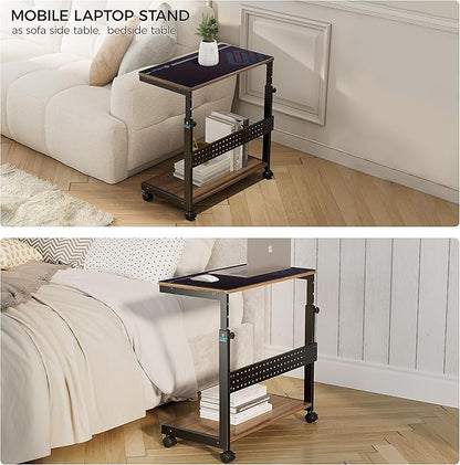 EUREKA ERGONOMIC PC Stand Computer Cart, Height Adjustable Tower Stand 2-Tier Suit for ATX Case Printer, Metal Rolling Cart on Wheels for Gaming Home Office, Walnut