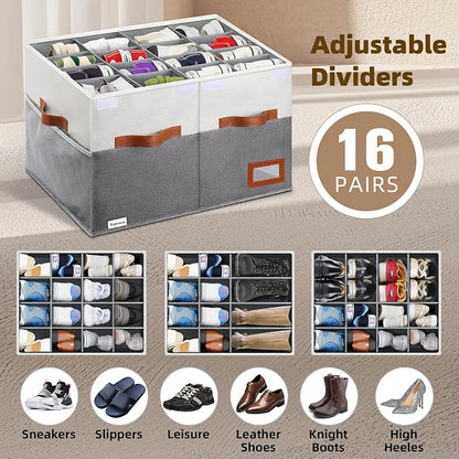 Supowin Shoe Organizer for Closet, Foldable Shoe Storage Bins with Lid & Adjustable Dividers, Fabric Shoe Box Storage Containers with Four Reinforced Handles, Fits 16 Pairs, 1 Pack, Grey