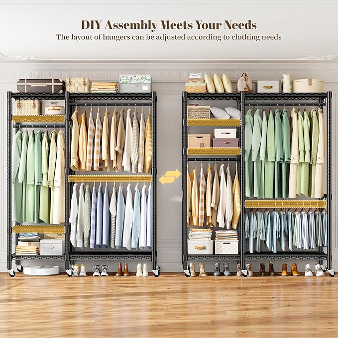 Raybee Portable Closet 780LBS, Heavy Duty Clothes Rack, Rolling Freestanding Clothing Rack with 3 Hanging Rods & 6 Shelves, Adjustable Wardrobe Closet Organizer System