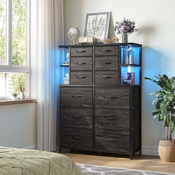 EnHomee Dresser with 12 Drawers & LED Lights, Dresser for Bedroom with 4 Open Storage Shelves, Fabric Dressers & Chests of Drawers, Metal Frame, Wood Top,45.2" H x 35.4" W x 11.8" D, Black