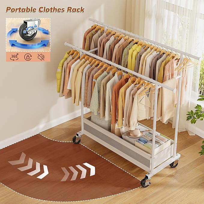 Clothes Rack, Clothing Racks for hanging clothes, Rolling clothes rack with Storage Basket & Heavy Duty Wheels, Double rods clothing rack for Bedroom, Laundry Room, White