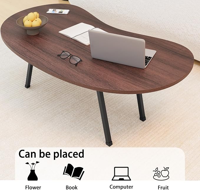 Folding Coffee Table,Mid Century Modern Coffee Table Irregular,Kidney Foldable Table,Small Farmhouse Coffee Tables Portable Table for Small Spaces,Living Room,Sofa,Bedroom Gallery,Easy Assembly,Walnut
