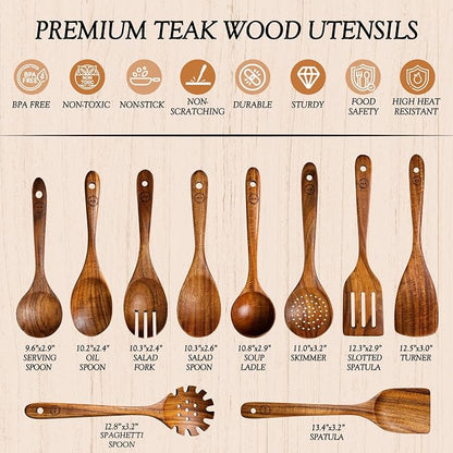 SOOMGYEOL SEOM 10-Piece Teak Wood Cooking Utensil Set | Wooden Spoons and Spatulas, Nonstick Safe, Heat Resistant, Ergonomic Handles