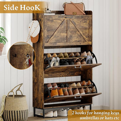 Shoe Cabinet Storage for Entryway, Shoe Storage Cabinet with 3 Flip Drawers, Freestanding Narrow Shoe Rack Organizer with Metal Legs & Side Hook for Foyer, Hallway, Brown