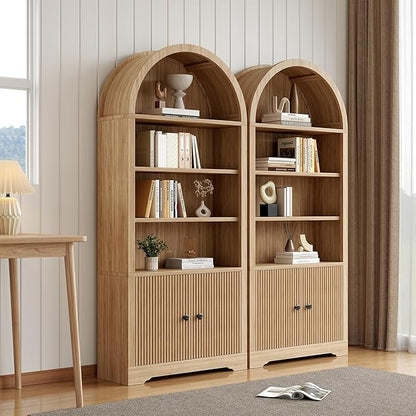 70" Arched Bookcase with Storage, 6 Tier Bookshelf with Door, Freestanding Display Storage Cabinet Farmhouse Storage Shelves for Living Room,Bedroom Home Office,Natural Oak
