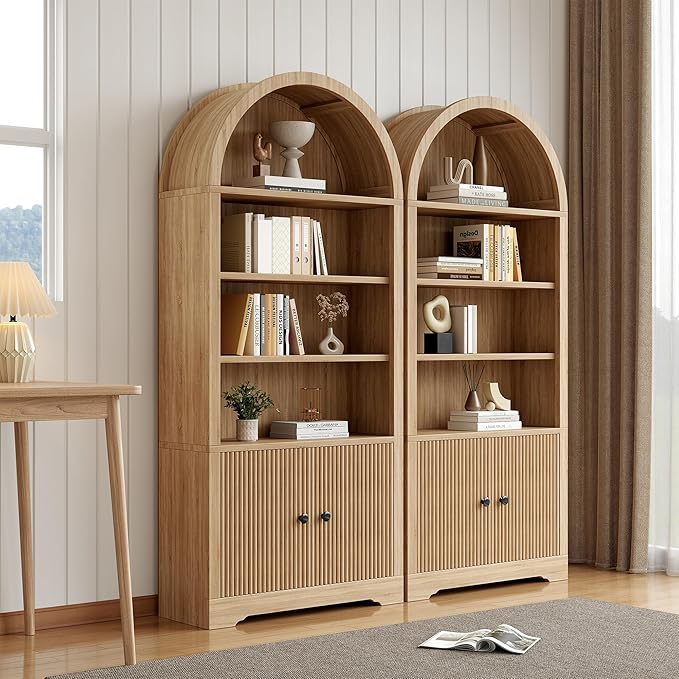 LCVTNDArched Bookcase with Storage, 6 Tier Bookshelf with Door, Freestanding Display Storage Cabinet Farmhouse Storage Shelves for Living Room,Bedroom Home Office,Natural Oak*2
