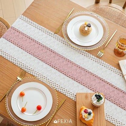 FEXIA Boho Table Runner Summer Home Decor with Tassels 72 Inches Long Pink Farmhouse Rustic Table Runner Burlap Centerpieces for Tables Decoration for Living Room (12x72 Inches)