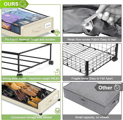 YAASHEEN Under Bed Storage with Wheels, Under the Bed Storage Containers with Clear Lids & Label, Underbed Storage Bins, XXL 60L Rolling Metal Drawer for Clothes, Shoes, Toys, Books (4-Pack Beige)