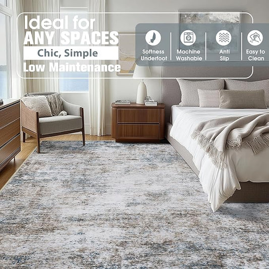 10x14 Area Rugs for Living Room Rug Washable: Abstract Large Rug Indoor Modern Carpet Non Slip for Dining Room Bedroom Nursery Home Office White Brown Blue
