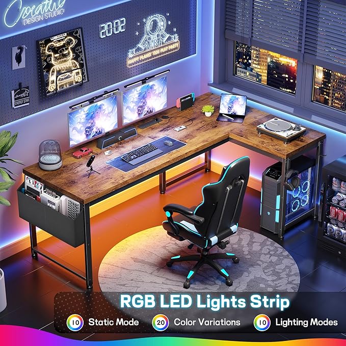 63 Inch L Shaped Desk Computer Desk with Power Outlets & 0.95 Inch Thicker Desktop, Gaming Desk with Storage Bag & Lights, Corner Desk, Reversible Office Desk for Living, Study,Bedroom,Brown