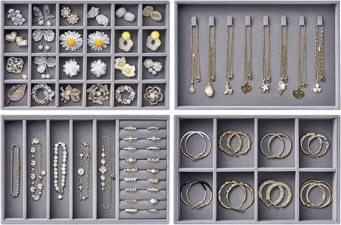 Velvet Jewelry Drawer Organizer Trays – Large Grey Stackable Jewelry Storage Inserts Set, 4-Layer Jewelry Tray Set for Earrings, Rings, Necklaces, Bracelets with Removable Dividers for Dresser, Vanity