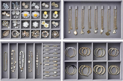 Velvet Jewelry Drawer Organizer Trays – Large Grey Stackable Jewelry Storage Inserts Set, 4-Layer Jewelry Tray Set for Earrings, Rings, Necklaces, Bracelets with Removable Dividers for Dresser, Vanity