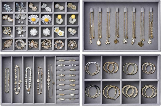 Velvet Jewelry Drawer Organizer Trays – Large Grey Stackable Jewelry Storage Inserts Set, 4-Layer Jewelry Tray Set for Earrings, Rings, Necklaces, Bracelets with Removable Dividers for Dresser, Vanity
