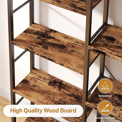 Shintenchi Triple Column 5 Tier Bookshelf, Industrial Large Bookcase Display Shelves, Large Etagere Bookshelf,Wide Book Shelf Book Case for Home & Office, Rustic Brown