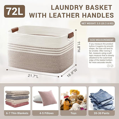 SunNewt 72L Large Laundry Basket with Leather Handles for Living Room Storage, Woven Rope Baskets Bin for Blanket, Kids Toy, Gifts, Wicker Hamper for Bedroom Dirty Clothes, 22"x17"x12" White Brown