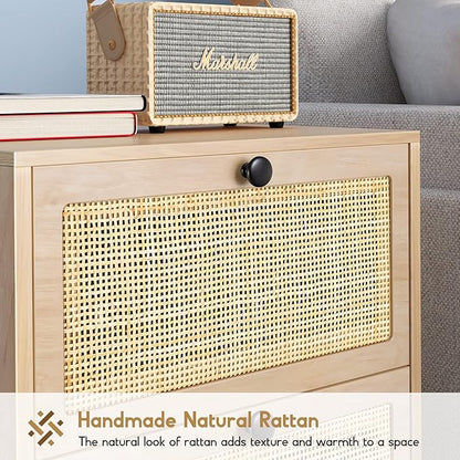 XIAO WEI Natural Rattan Nightstand Set of 2, Boho Night Stand with Drawers, Bedside Table Accent Cane End Table Side Table for Bedroom Living Room, Metal Legs/Small/Natural
