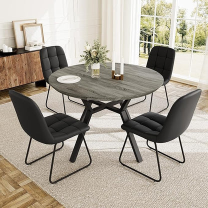 Extendable Round Dining Table Set for 4 People, 43.3"-59.1" Extendable Kitchen Table with 4 Upholstered Chairs, Space Saving for Kitchen Dining Room (Grey Table+4 U-Shaped Black Chairs)