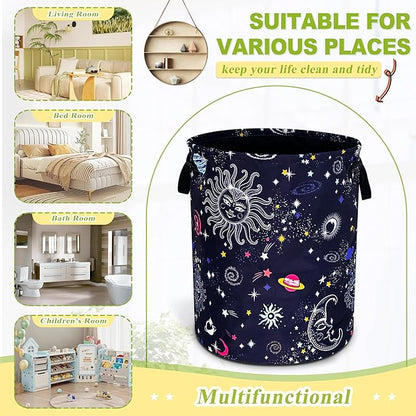 Sun Moon Galaxy Laundry Basket Funny Cosmic Foldable Waterproof Oxford Cloth Tote Bag Laundry Hamper Round Large Clothes Storage Bucket Toy Organizer For Bathroom/Laundry Storage/Bedroom 18.9x16.5 In