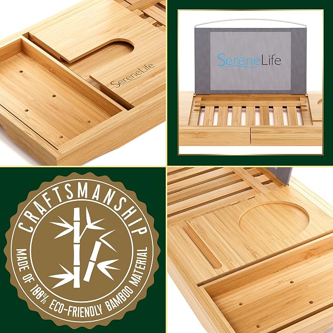 SereneLife Premium Bathtub Tray Caddy, Expandable Bath Tray, Unique House Warming Gifts, Gift for Mom, Women, New Home, Wedding, Anniversary, Bridal Shower, Universal Fit for All Tub - Natural