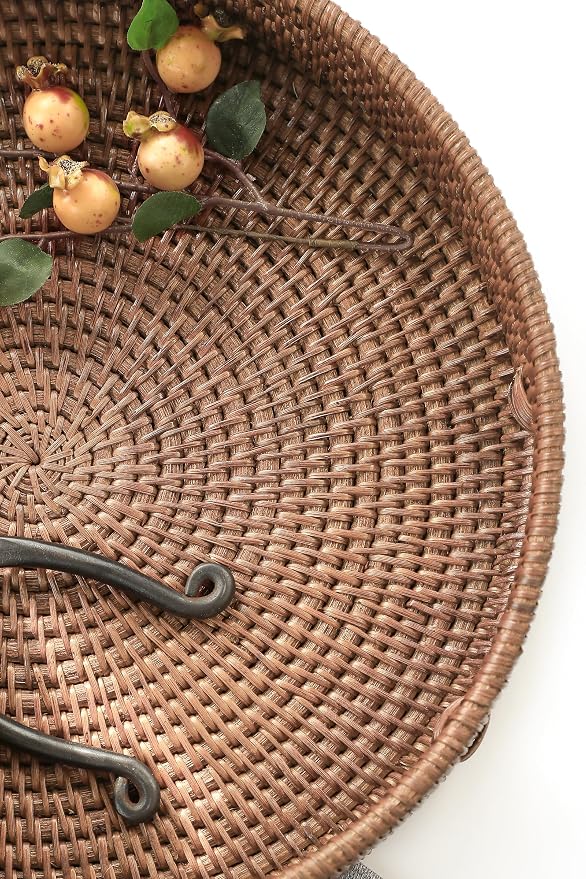 HITOMEN 14.2" Hand-Woven Round Rattan Serving Tray Decorative Ottoman Wicker Platter with Handles for Coffee Table, Breakfast, Drinks, Snack, Bread, Fruit, Vegetables (Warm Brown-L)
