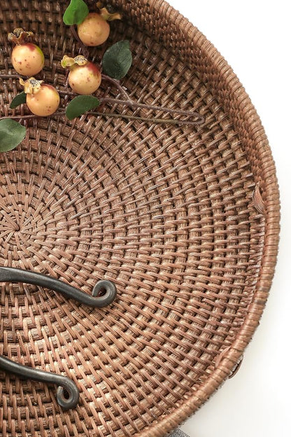 HITOMEN 14.2" Hand-Woven Round Rattan Serving Tray Decorative Ottoman Wicker Platter with Handles for Coffee Table, Breakfast, Drinks, Snack, Bread, Fruit, Vegetables (Warm Brown-L)