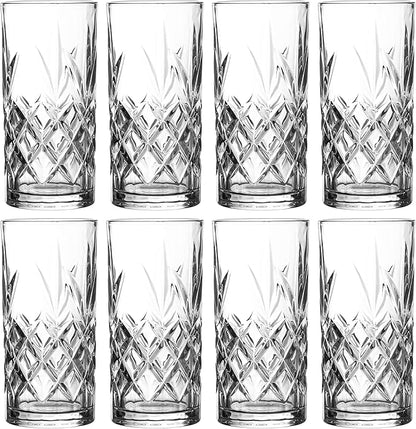 Royalty Art Kinsley Tall Highball Glasses Set of 8, 12 Ounce Cups, Textured Designer Glassware for Drinking Water, Beer, or Soda, Trendy and Elegant Dishware, Dishwasher Safe (Hiball)