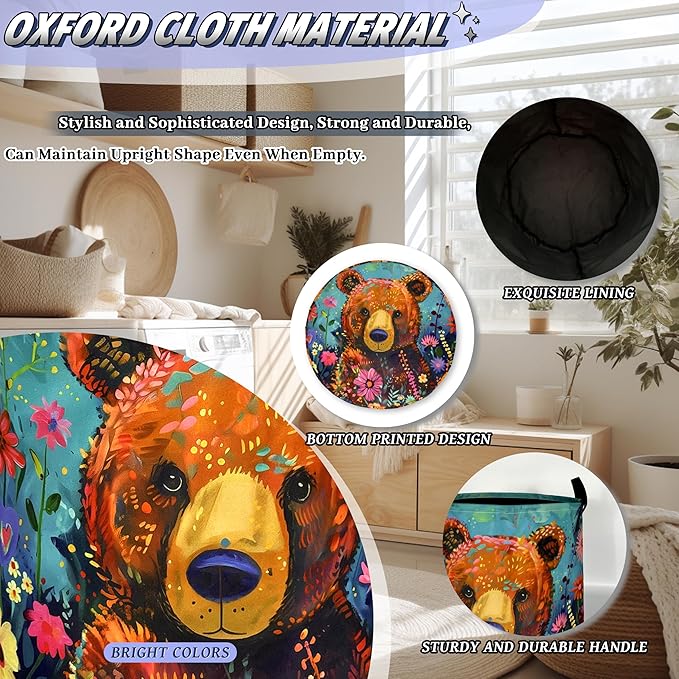 Bear Laundry Basket Oxford Cloth Foldable Colored Animal Flowers Laundry Hamper With Handle Portable Clothes Storage Organizer Basket 18.9x16.5 Inch Laundry Bag For Laundry Room/Bedroom/Bathroom